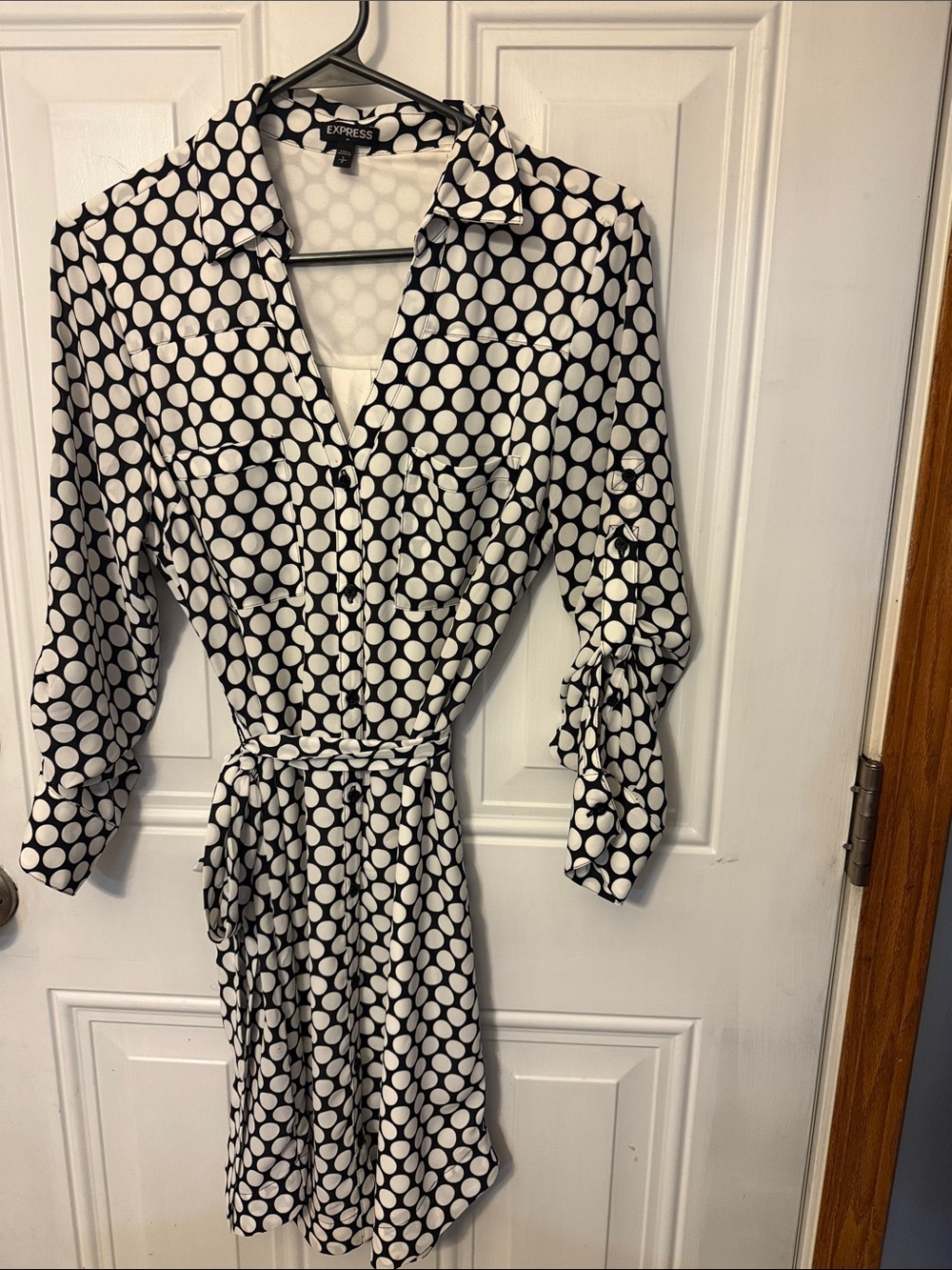 Express Black and White Polka Dot Long Sleeve Shirt Dress
